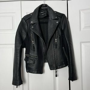BNCI black faux leather Moto jacket, woven, stretch paneling, black, size medium